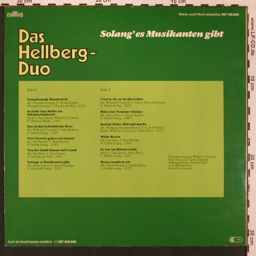 Hellberg-Duo: Solang'es Musikanten gibt, Intercord (INT 150.040), D, 1980 Typ: LP Best.-Nr.: X9011 Preis: 6,00 Euro