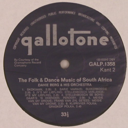 Berg,Danie & his Orchestra: The Folk & Dance M.o South Africa, Gallotone (GALP 1358),  Typ: LP Best.-Nr.: X9409 Preis: 9,00 Euro