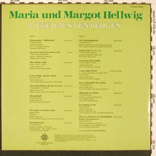 Hellwig,Maria & Margot: Lieder aus den Bergen, Telefunken Club Sondwera (65 686 8), D, 1977 Typ: LP Best.-Nr.: X9713 Preis: 7,50 Euro