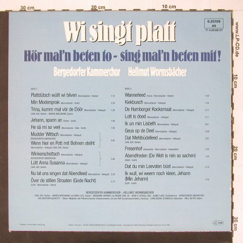 Bergedorfer Kammerchor: Wi singt platt-Hellmut Wormsbächer, Telefunken (6.25109 AS), D, 1982 Typ: LP Best.-Nr.: X9792 Preis: 7,50 Euro
