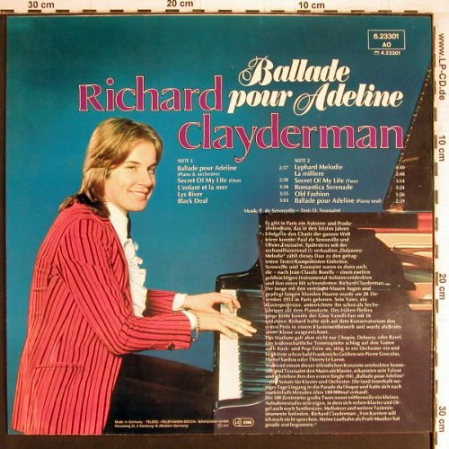 Clayderman,Richard: Ballade Pour Adeline, Telefunken (6.23301 AO), D, 1977 Typ: LP Best.-Nr.: Y3279 Preis: 6,00 Euro