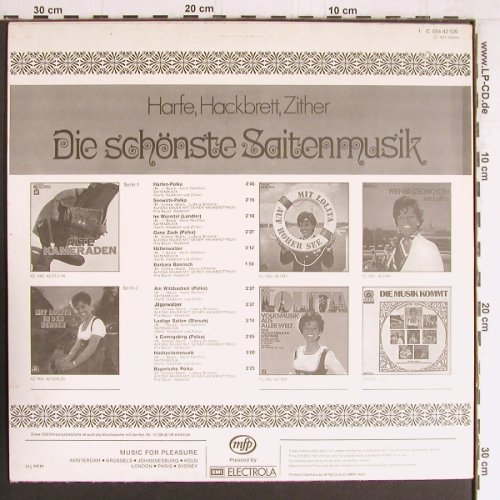 V.A.Die schönste Saitenmusik: Harfe,Hackbrett,Zither,Alfons Bauer, Emi Odeon (1 C 054-42 126), D, co, 1974 Typ: LP Best.-Nr.: Y3447 Preis: 9,00 Euro