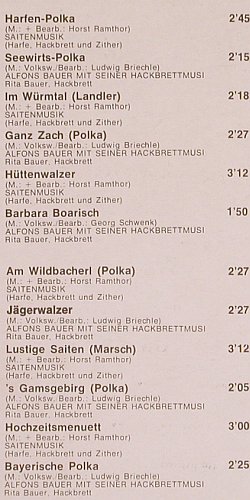 V.A.Die schönste Saitenmusik: Harfe,Hackbrett,Zither,Alfons Bauer, Emi Odeon (1 C 054-42 126), D, co, 1974 Typ: LP Best.-Nr.: Y3447 Preis: 9,00 Euro