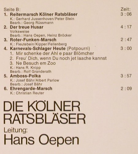 Kölner Ratsbläser: Karnevals-Märsche, Ltg. Heinz Oepen, BASF Cornet (10 20488-1), D, instrum Typ: LP Best.-Nr.: Y5173 Preis: 7,50 Euro