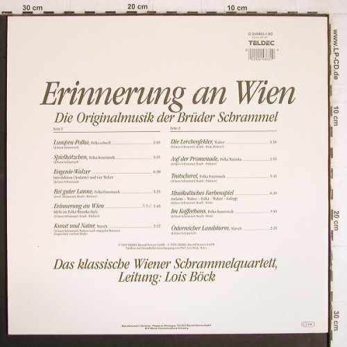 Wiener Schrammelquartett: Erinnerung an Wien,Brüder Schrammel, Teldec (244 863-1 AO), D, 1989 Typ: LP Best.-Nr.: Y5190 Preis: 7,50 Euro