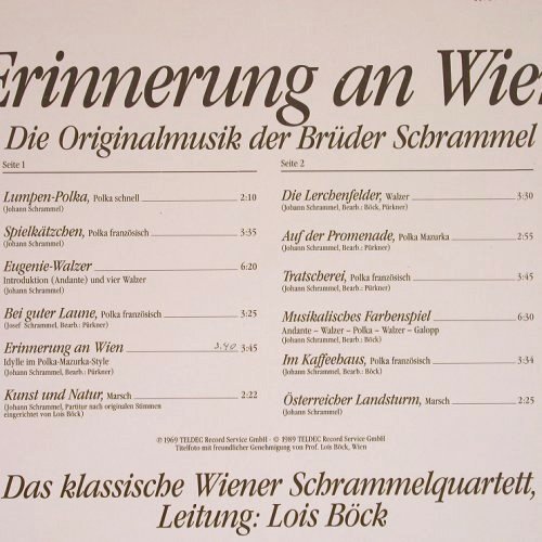 Wiener Schrammelquartett: Erinnerung an Wien,Brüder Schrammel, Teldec (244 863-1 AO), D, 1989 Typ: LP Best.-Nr.: Y5190 Preis: 7,50 Euro