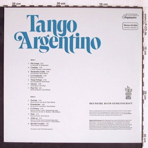 Perez,Juan u.sein argentin.Tanzorch: Tango Argentino, Club Auflage.,Mono, Impression (65 006), D Typ: LP Best.-Nr.: Y5681 Preis: 7,50 Euro