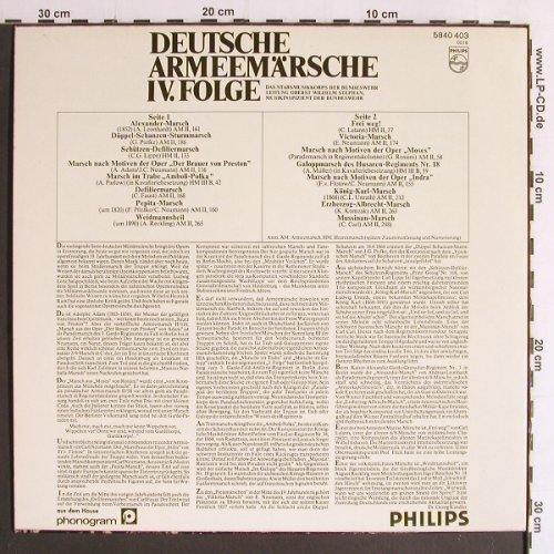 V.A.Deutsche Armeemärsche: IV.Folge,Stabsmusikkorps der B.W., Philips (5840 403), D, 1976 Typ: LP Best.-Nr.: Y6783 Preis: 6,00 Euro