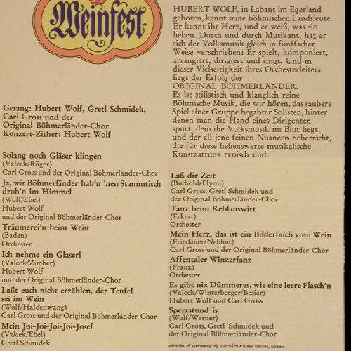 Wolf,Hubert & s.OrignalBöhmerländer: Weinfest, Polydor (249 333), D, 1969 Typ: LP Best.-Nr.: Y6848 Preis: 6,00 Euro