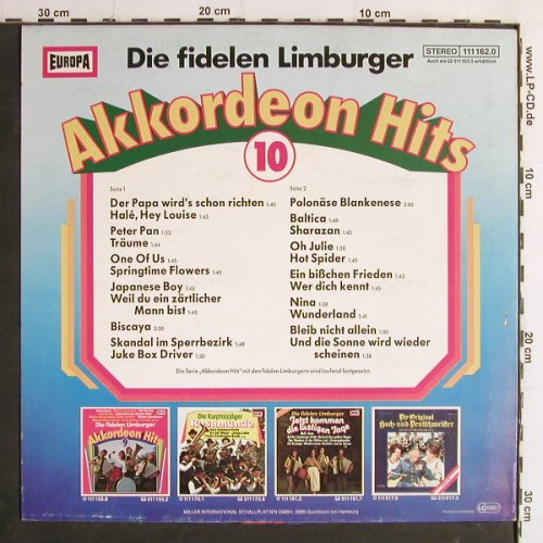 Fidelen Limburger: Akkordeon Hits 10, Europa (111 162.0), D, 1982 Typ: LP Best.-Nr.: Y7200 Preis: 5,00 Euro