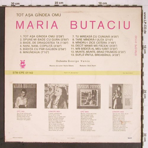 Butacio,Maria: Tot Asa Gindea Omu,Orch.G.Vancu, Electrecord (STM-EPE 01142), RO,m-/vg+, 1971 Typ: LP Best.-Nr.: Y9258 Preis: 7,50 Euro