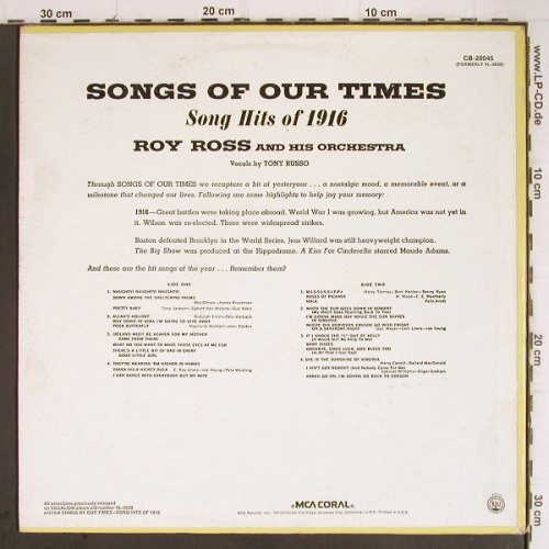 Ross,Roy & his Orchestra: Songs of our time,Song Hits of 1916, MCA Coral (CB-20045), US Typ: LP Best.-Nr.: Y9303 Preis: 5,00 Euro