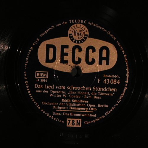 Schollwer,Edith: Das Lied vom schwachen Stündchen, Decca(F 43 084), D,  - 25cm - N375 - 5,00 Euro