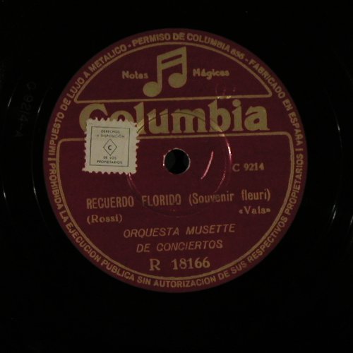 Orquesta Musette de Conciertos: Recuerdo Florido/El Pequero,vals, Columbia(R 18166), E,No Cover,  - 25cm - N59 - 5,00 Euro