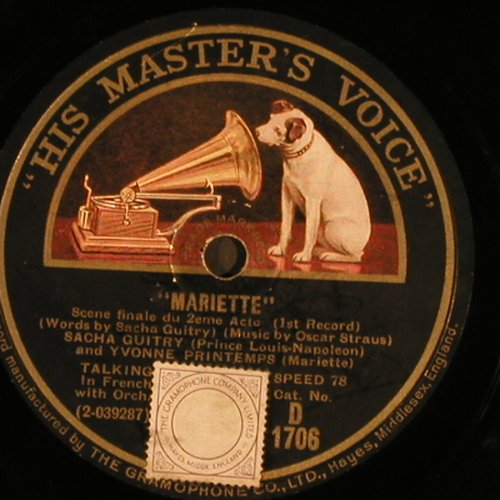 Strauss,Oscar: Mariette, in french, VG+, His Masters Voice (D 1706), UK Typ: 30cm Best.-Nr.: N274 Preis: 6,00 Euro