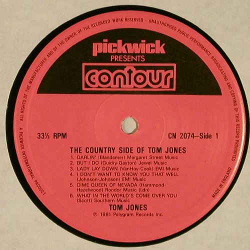 Jones,Tom: The Country Side of, Contour (CN 2074), UK, 1985 Typ: LP Best.-Nr.: V4508 Preis: 6,00 Euro