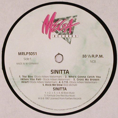 Sinitta: Same, Mega Records (MRLP 3051), D, 1987 Typ: LP Best.-Nr.: V4532 Preis: 7,50 Euro