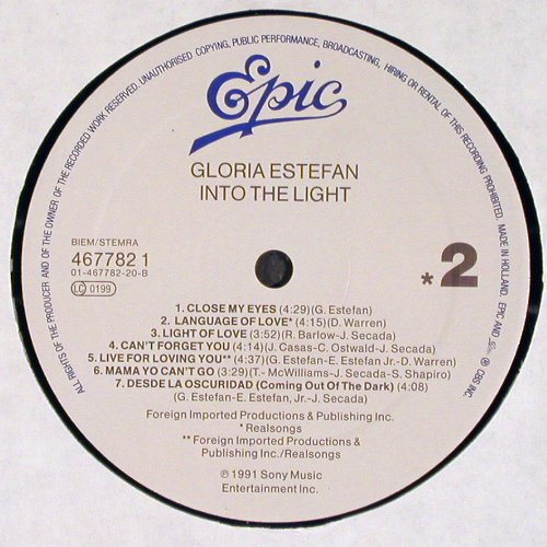Estefan,Gloria: Into The Light, Epic (467782 1), NL, 1991 Typ: LP Best.-Nr.: V4537 Preis: 6,00 Euro