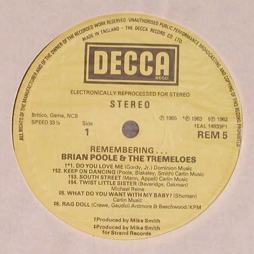 Poole,Brian and the Tremoloes: Remembering...(1962-65), m /vg+, Decca (REM 5), UK Typ: LP Best.-Nr.: V4704 Preis: 9,00 Euro