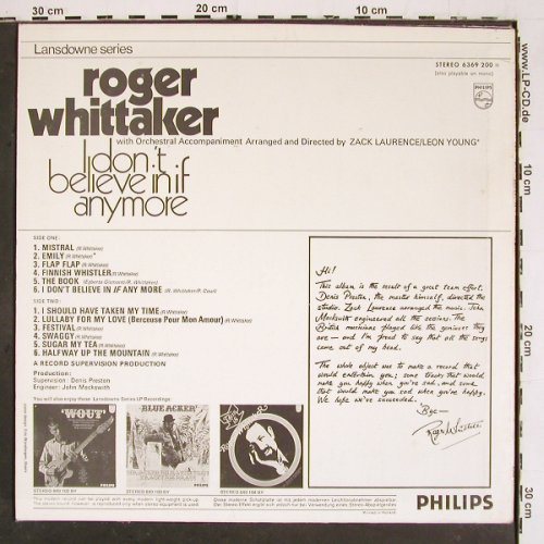 Whittaker,Roger: I Don't Believe In If Anymore, Philips (6369 200), NL, m-/vg+, 1970 Typ: LP Best.-Nr.: V5907 Preis: 7,50 Euro