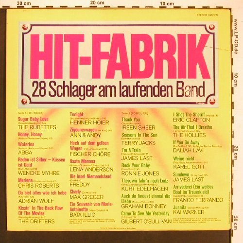 V.A.Hit-Fabrik: 28 Schlager am laufenden Band, Polydor (2437 271), D, 1974 Typ: LP Best.-Nr.: V5918 Preis: 5,00 Euro