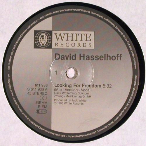 Hasselhoff,David: Looking For Freedom*3 vocal/instr., White Records (611 936), D, 1988 Typ: 12" Best.-Nr.: V6553 Preis: 4,00 Euro.