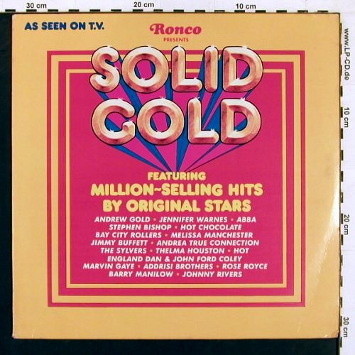 V.A.Solid Gold: Hot, Abba.. Jimmy Buffett, 18 Tr., Ronco (R2160), US, 1977 Typ: LP Best.-Nr.: V6589 Preis: 5,00 Euro.
