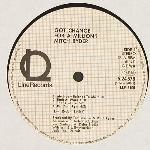 Ryder,Mitch: Got Change For A Million?, Line(6.24578 AP), D, 1981 - LP - V6988 - 6,00 Euro