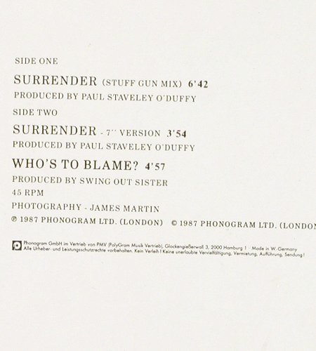 Swing Out Sister: Surrender*2+1 (stuff gun mix 6:42), Mercury(888 243-1), UK, 1987 - 12inch - V7239 - 4,00 Euro