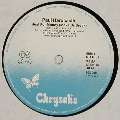 Hardcastle,Paul: Just For Money / Back in Time, Chrysalis(602 098-213), D, co, 1985 - 12inch - V7265 - 3,00 Euro