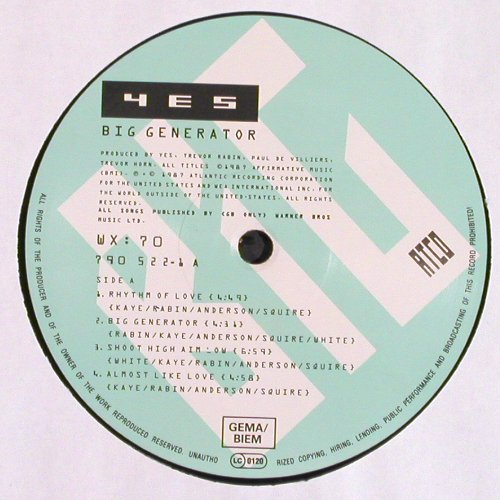 Yes: Big Generator, Atco (790 522-1), D, 1987 Typ: LP Best.-Nr.: V7268 Preis: 7,50 Euro.