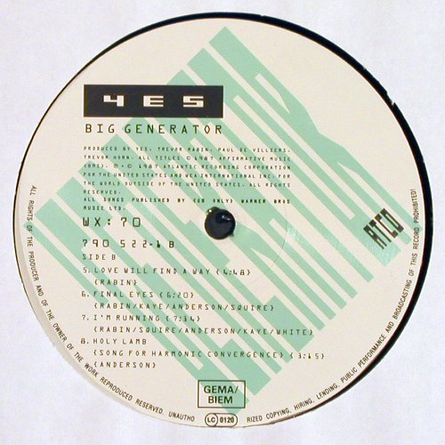 Yes: Big Generator, Atco (790 522-1), D, 1987 Typ: LP Best.-Nr.: V7268 Preis: 7,50 Euro.