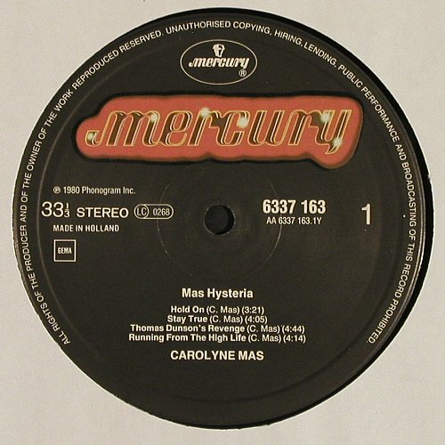 Mas,Carolyne: Mas Hysteria, Lim.Ed., m &sol;vg+, Mercury (black) (6337 163), NL, 1979 Typ: LP Best.-Nr.: V7349 Preis: 6,00 Euro.