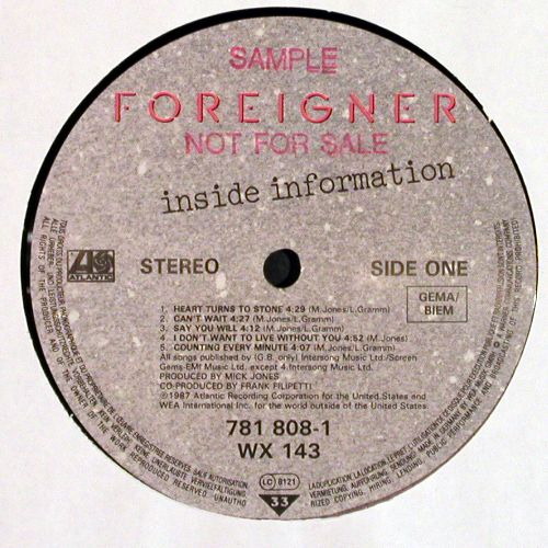 Foreigner: Inside Information, Foc,Sample Stol, Atlantic (781 808-1), D, 1987 Typ: LP Best.-Nr.: V7546 Preis: 5,00 Euro.
