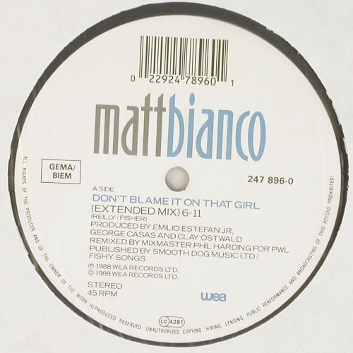 Matt Bianco: Don't blame it on that girl&sol;Wap-Bam, WEA (247 896-0), D, wol, 1988 Typ: 12" Best.-Nr.: V7678 Preis: 4,00 Euro.