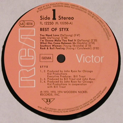 Styx: Best Of, RCA (FL 12250), D, 1977 Typ: LP Best.-Nr.: Y216 Preis: 6,00 Euro.