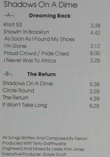 Ferron: Shadows On A Dime, Entente (12-3076), D, 1987 Typ: LP Best.-Nr.: Y253 Preis: 6,00 Euro.
