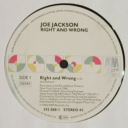 Jackson,Joe: Right And Wrong+2 live, AM (392088-1), D, 1986 Typ: 12" Best.-Nr.: Y957 Preis: 3,00 Euro.