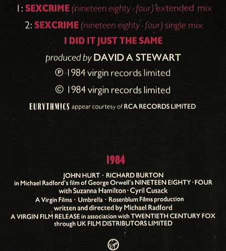 Eurythmics: Sexcrime * 2+1, Virgin (601 604-213), D, 1984 Typ: 12" Best.-Nr.: V7676 Preis: 6,00 Euro.