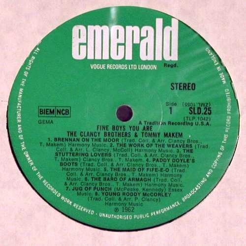 Clancy Brothers & Tommy Makem: Fine Boys You Are (1962), Emerald (SLD 25), UK, 1967 Typ: LP Best.-Nr.: V5901 Preis: 7,50 Euro.