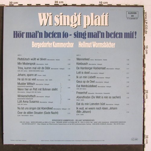 Bergedorfer Kammerchor: Wi singt platt, Hellmut Wormsbächer, Telefunken (6.25109 AS), D, 1982 Typ: LP Best.-Nr.: V6623 Preis: 9,00 Euro.