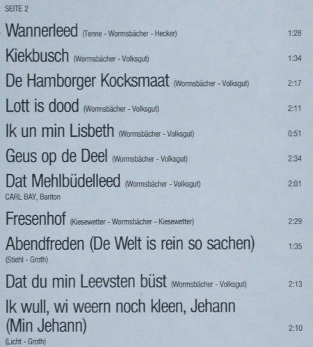 Bergedorfer Kammerchor: Wi singt platt, Hellmut Wormsbächer, Telefunken (6.25109 AS), D, 1982 Typ: LP Best.-Nr.: V6623 Preis: 9,00 Euro.