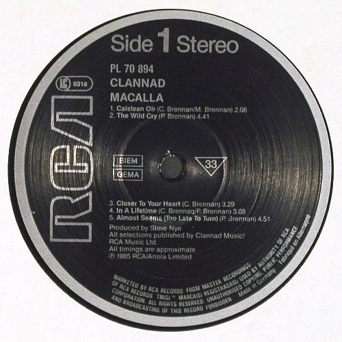 Clannad: Macalla, RCA (PL 70894), D, 1985 Typ: LP Best.-Nr.: V7856 Preis: 7,50 Euro.