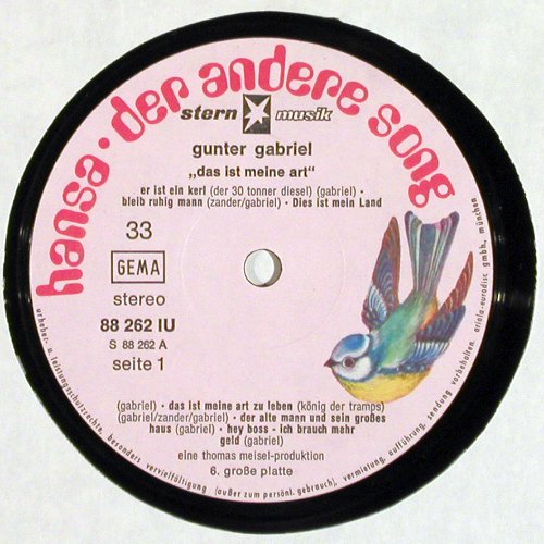 Gabriel,Gunter: Das Ist Meine Art, Foc(PosterCover), Hansa&sol;Stern (88 262 IU), D Typ: LP Best.-Nr.: V7048 Preis: 6,00 Euro.