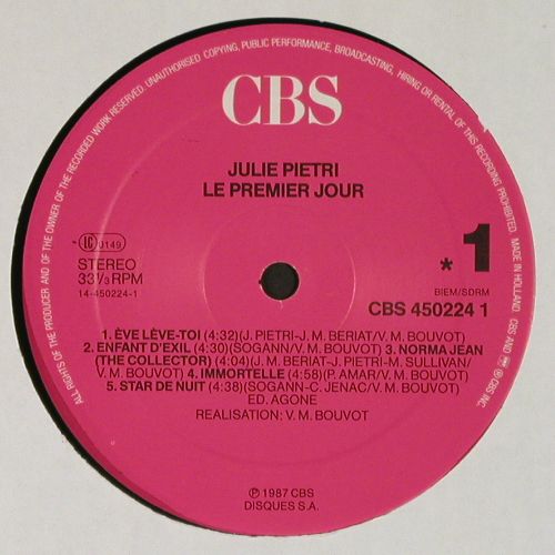 Pietri,Julie: Le Premier Jour, Foc, CBS(450224 1), NL, 1987 - LP - V7772 - 7,50 Euro