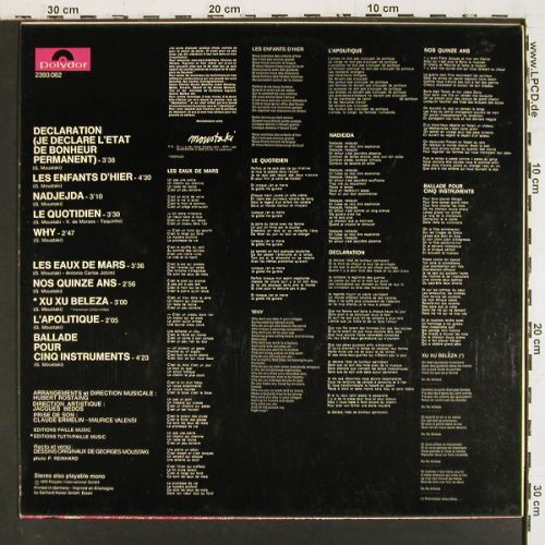 Moustaki,Georges: Declaration, Polydor (2393 062), D, 1973 Typ: LP Best.-Nr.: V7866 Preis: 7,50 Euro.