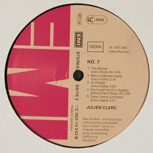 Clerc,Julien: No.7, m-&sol;vg+, EMI (062-14 242), D, 1975 Typ: LP Best.-Nr.: Y3483 Preis: 5,00 Euro.