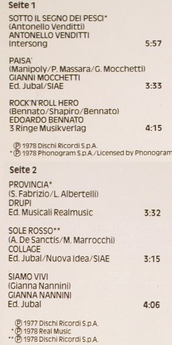 V.A.Die Sommer Hits aus Italien: Antonello Venditti... Gianna Nanini, Dischi (0901.003), D, 6Tr., 1978 Typ: LP Best.-Nr.: V6021 Preis: 5,00 Euro