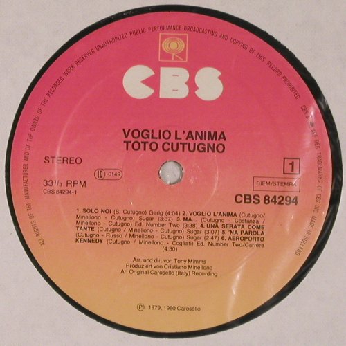 Cutugno,Toto: Voglio l'anima, Foc, m-/vg+, CBS(CBS 84 294), NL, 1980 - LP - V6767 - 6,00 Euro