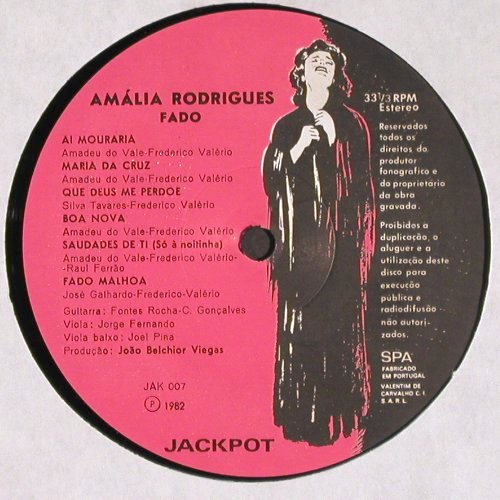 Rodrigues,Amalia: Fado, m-/vg+, Jackpot(JAK 007), P, 1982 - LP - V5642 - 7,50 Euro